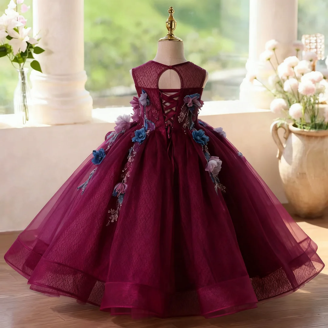 Vestido de princesa con flores para niña, falda de tul brillante, vestido acampanado con apliques, vestido personalizado hasta el suelo para bodas y cumpleaños