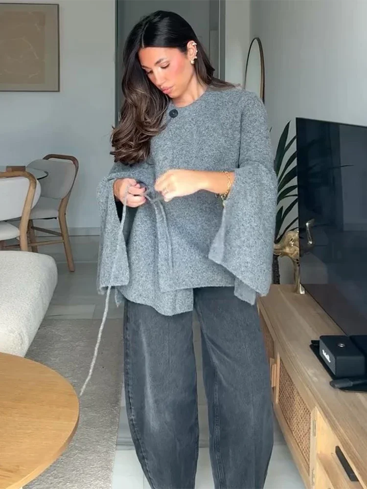 سترة نسائية متينة غير رسمية بأربطة ملابس تريكو فضفاضة أنيقة وأكمام تشبه جناح الخفّاش سترات محبوكة لخريف 2025 سترة نسائية جديدة متماسكة #6