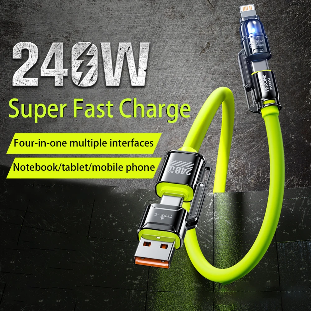 240W 4 In 1 Super Fast Charging Data Cable Dual Type-C+Lightning+USB Ports Phone Charging Cable for iPhone Samsung Huawei Xiaomi