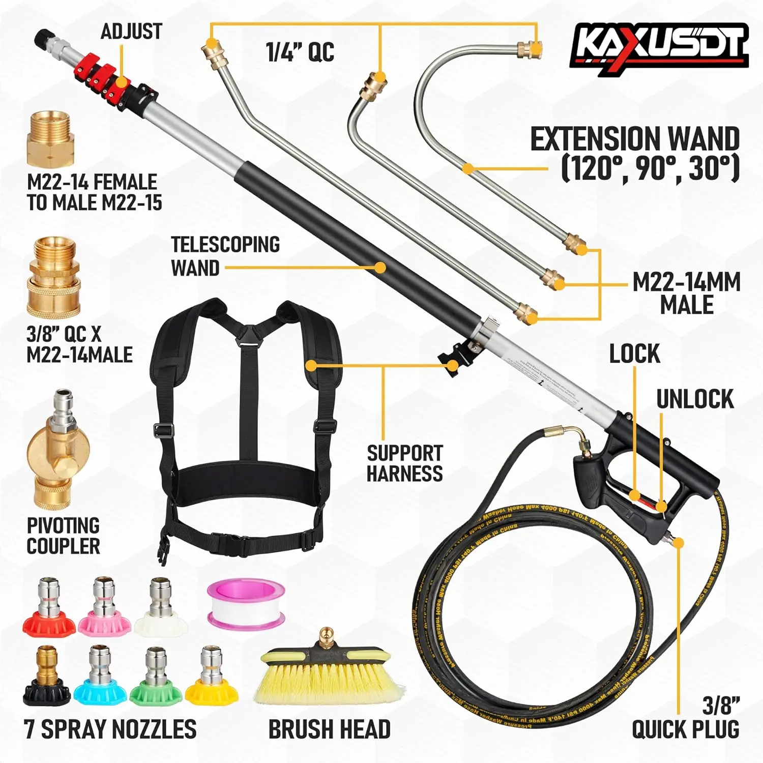 عصا غسالة الضغط المتداخلة بطول 24 قدمًا، 4000 رطل لكل بوصة مربعة، 7 فوهات، مجموعة تنظيف المزراب، ترقية مع حزام و3 أطراف