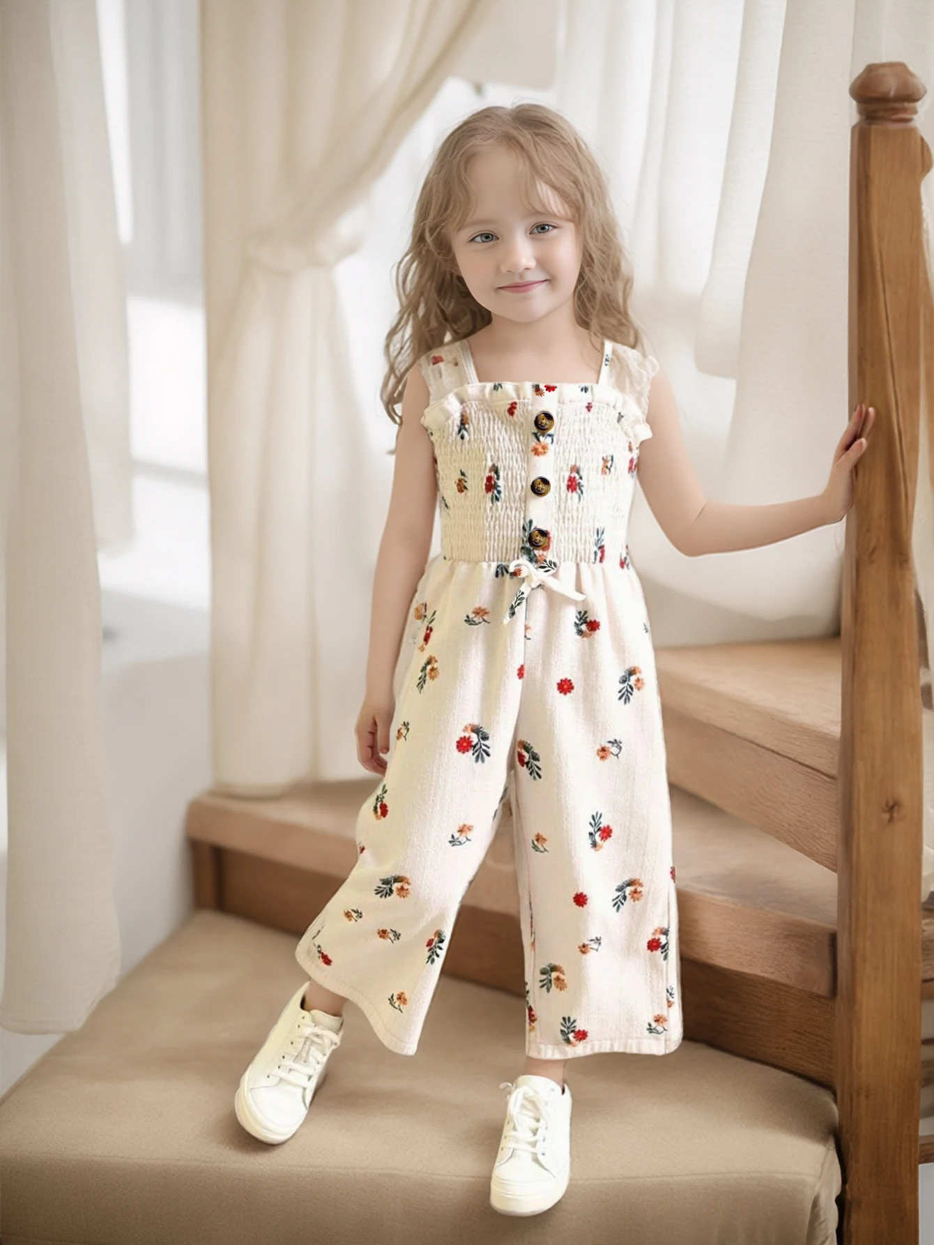 European and American Style Girls' Fresh Floral Print Suspender Wide-Leg Jumpsuit, Summer Thin Style, Sweet Pastoral Style Printed Sleeveless Drapey Cropped Pants for Girls Aged 4-5-6-7-8, Retro Gentle Style Girls' Jumpsuit Outfit, Suitable for Outdoor Activities, Lawn Picnics, Daily Wear, Vacations, Birthday Parties, Holiday Gifts