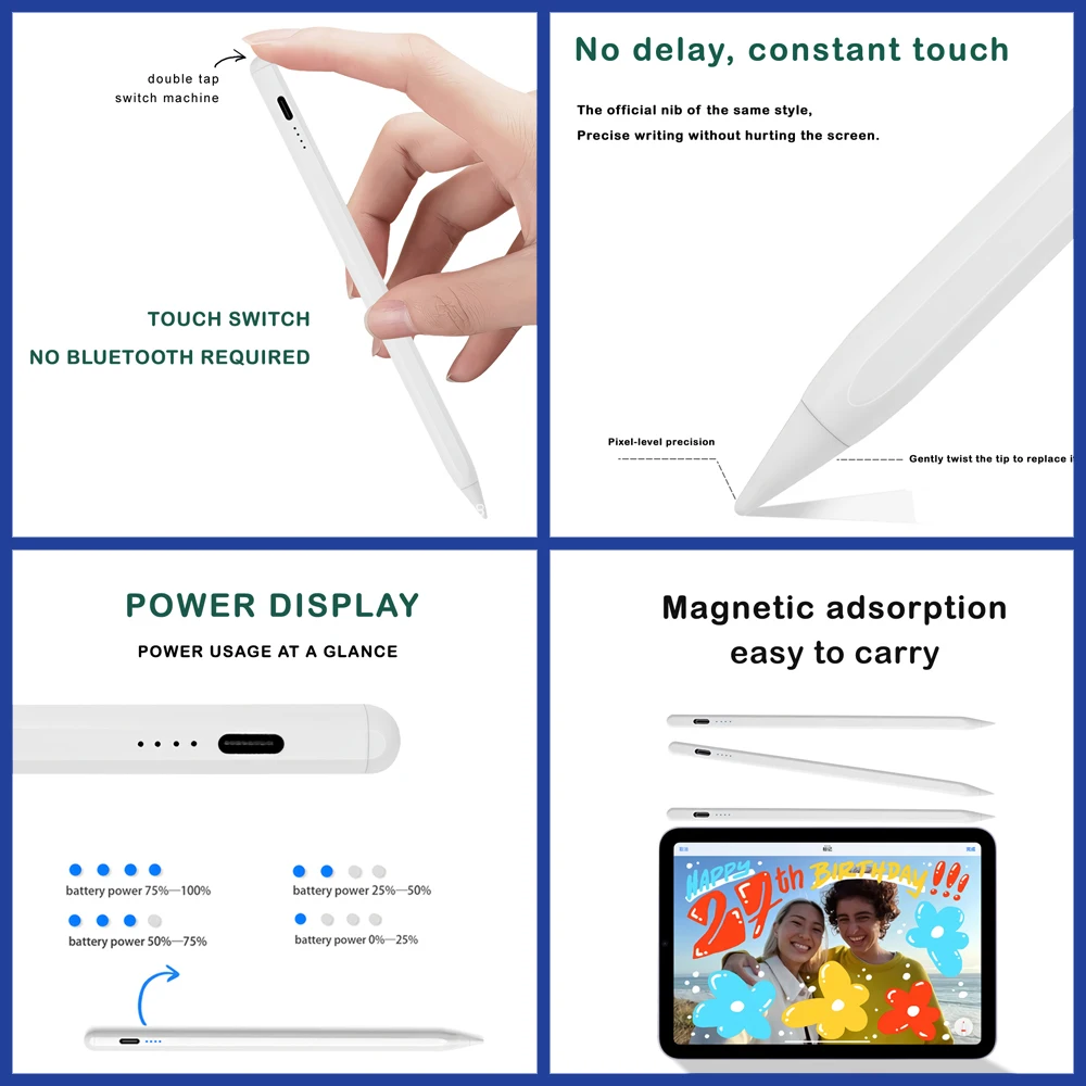 สำหรับ iPad ดินสอพร้อมตัวดูดแม่เหล็กใช้ในการทำงาน2018-2022 Apple iPad อุปกรณ์เสริมการวาดเกมสำนักงานสำหรับเด็ก