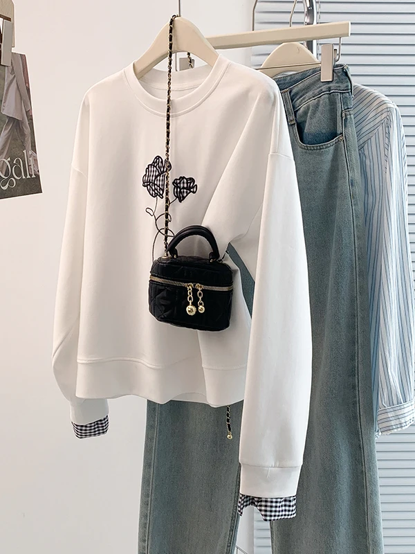 Automne hiver brodé longue Sve couche de Base T-shirt Sweat-shirt faux deux pièces Design femmes Faion liquidation S