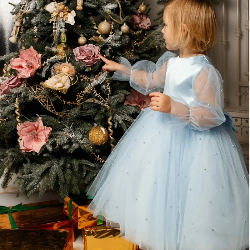 

Blue Flower Girl Dresses Tulle Puffy Pearls With Bow Long Sleeve For Wedding Birthday Party Holy Communion Gowns