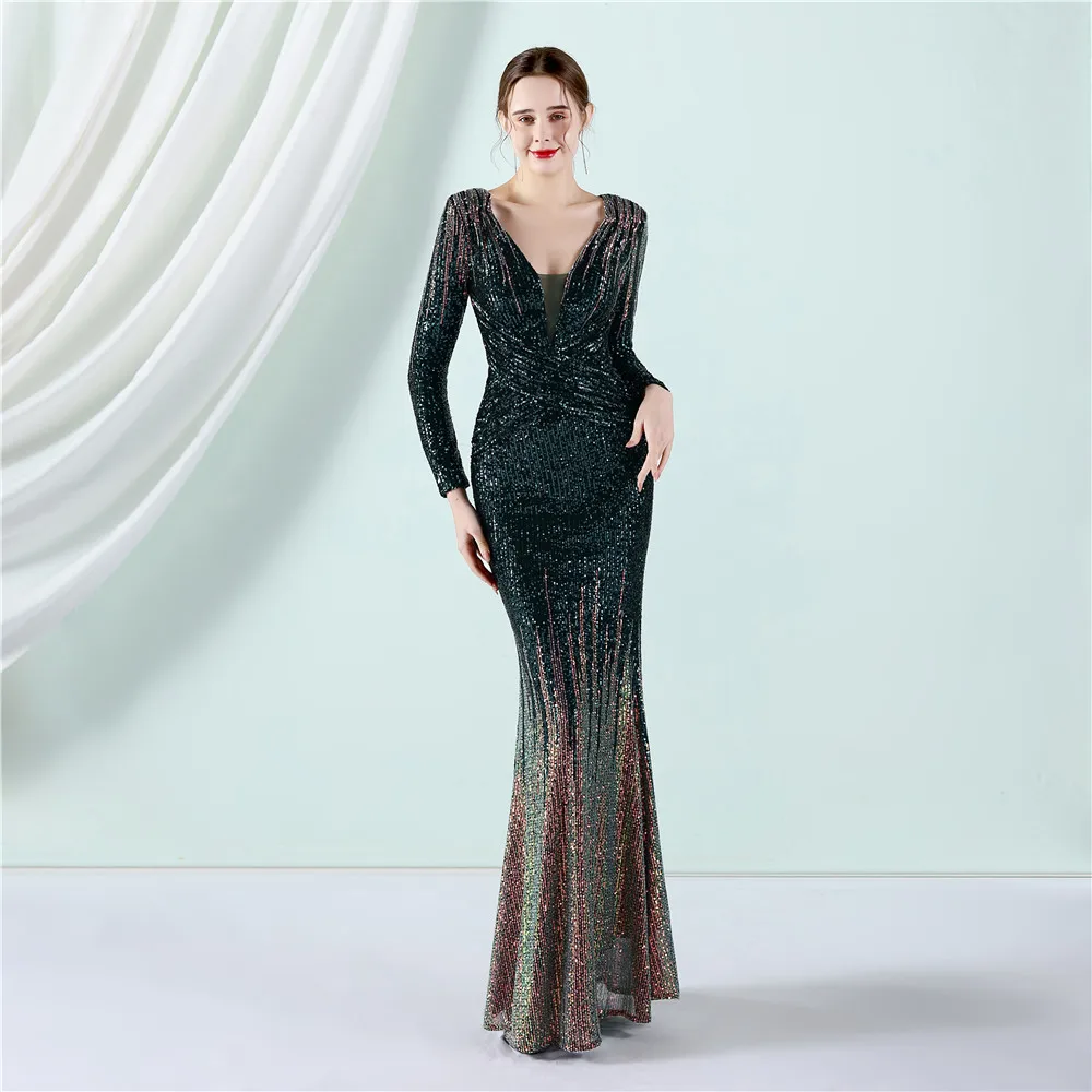 Women's long-sleeved evening dress new fashion long sequined dress