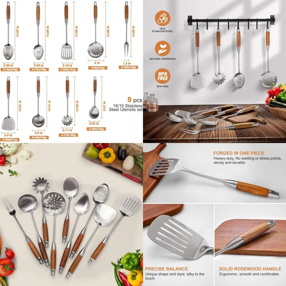 

Stainless Steel 9-Piece Cooking Utensil Set with Wooden Handles, Heat Resistant Metal Kitchen Tools, Wok Spatula Included