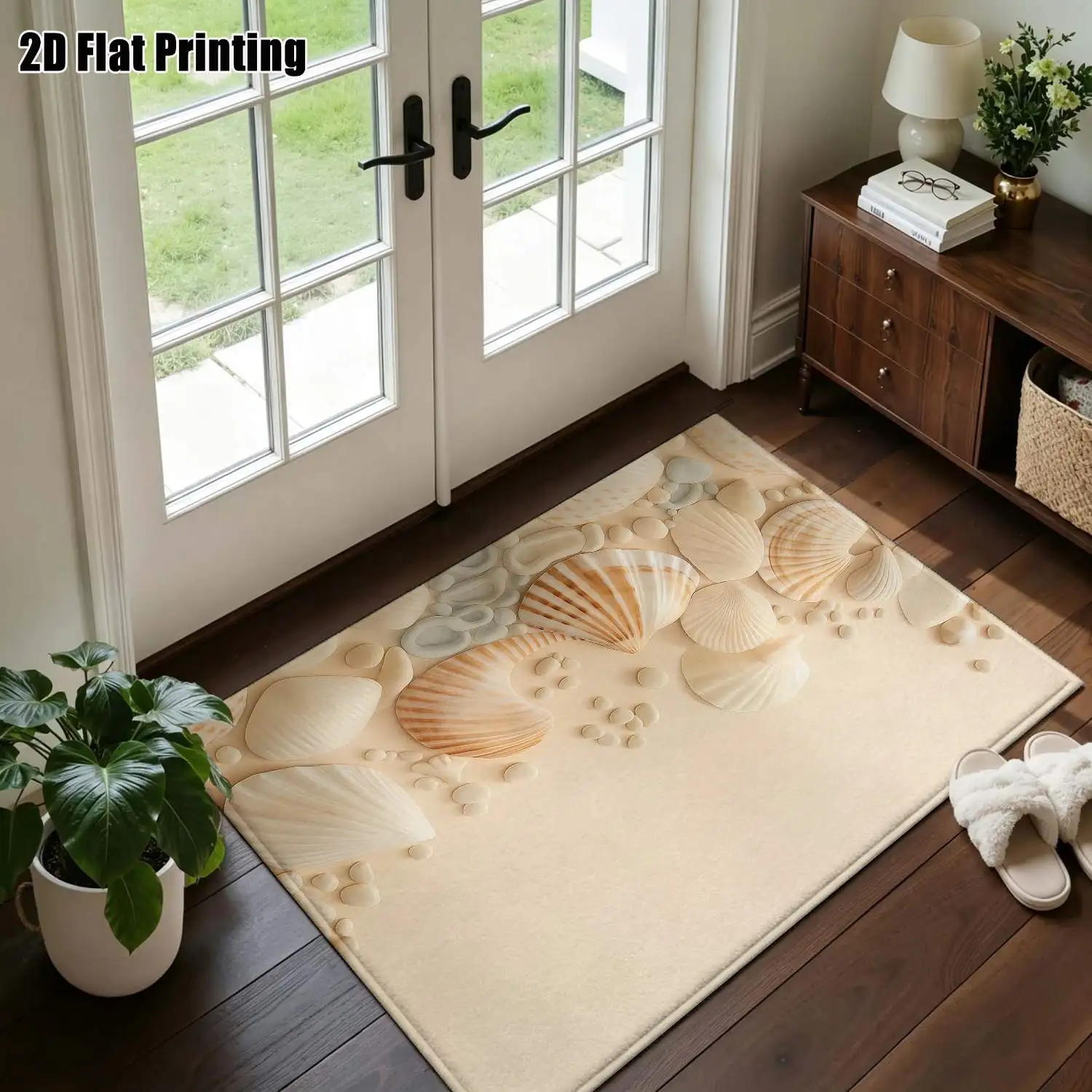 1Pc 2D Printed Beige Shell Pattern Carpet, Nordic/Instagram/Modern Minimalist/European Style, Multi-Size Machine Washable Floor Mat for Home Decor: Entrance, Dining Room, Foyer, Bedroom, Living Room