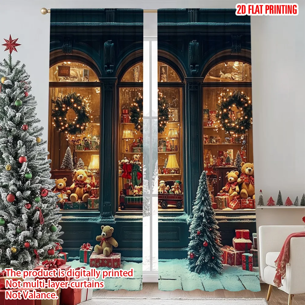 

2pcs 2D flat printing Christmas Window Curtains Vintage Train Durable Polyester Without Electricity Festive Holiday for Holiday