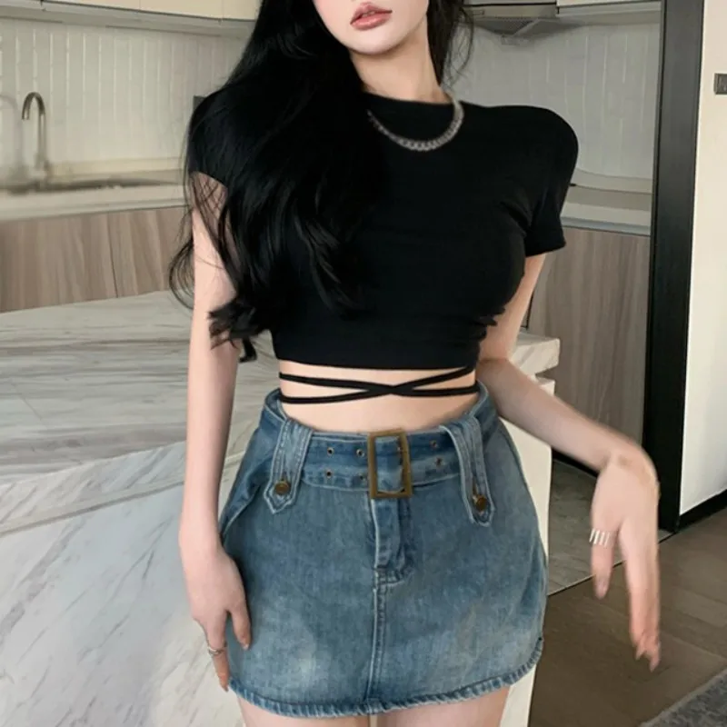 

Women's Short Sleeve O Neck Criss Cross Backless T Shirts Summer Tee Tops
