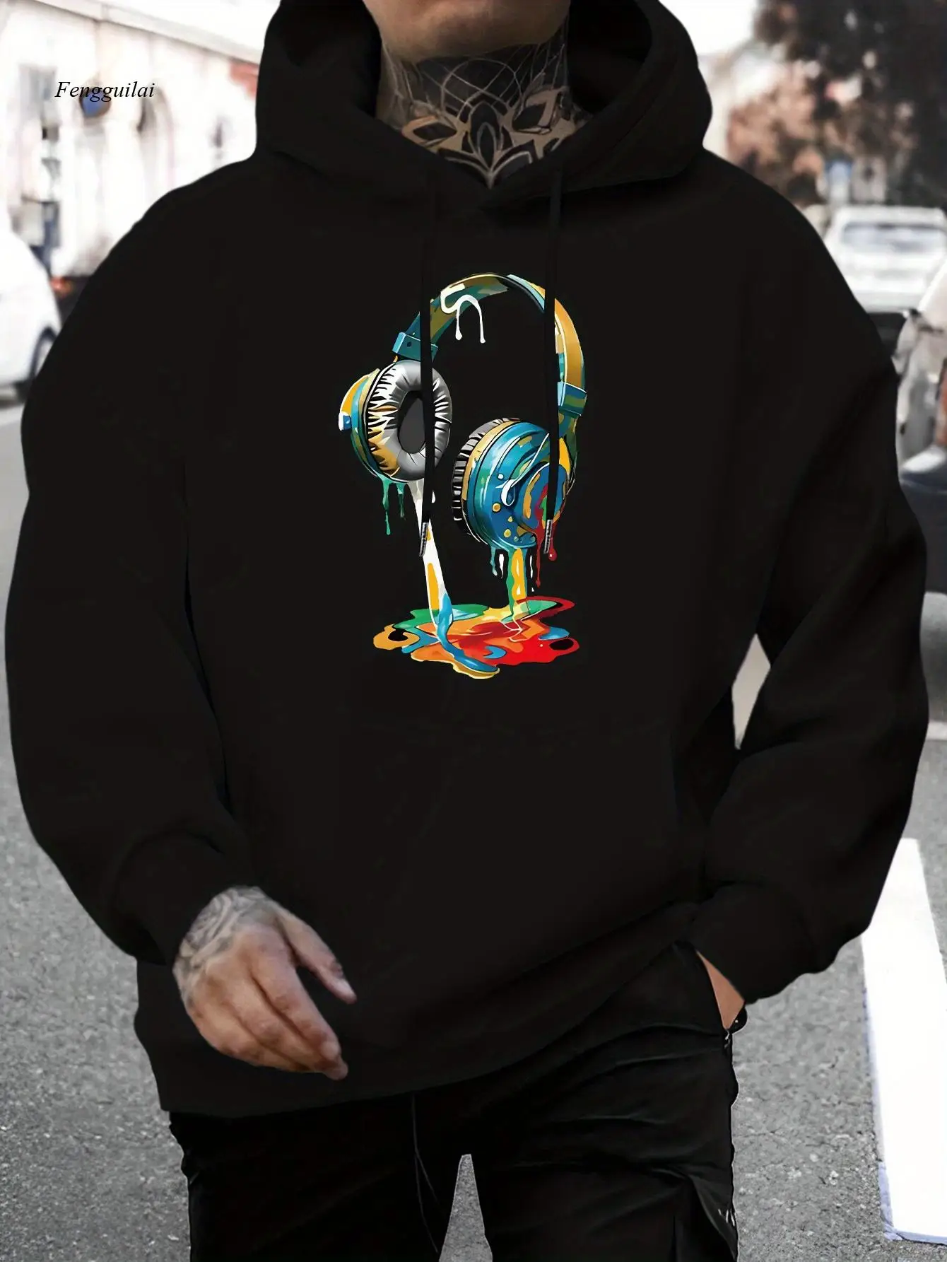 Casual Hoodie with Headphones Graphic Print, Geometric Pattern Pullover Sweatshirt, Kangaroo Pocket & Stretch Fabric