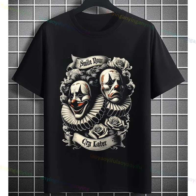 Funny Payaso Clown Masks Graphic T-shirt - Smile Now Cry Later Design Short-sleeve Pure Cotton Fashion Streetwear Casual Tshirt view 4
