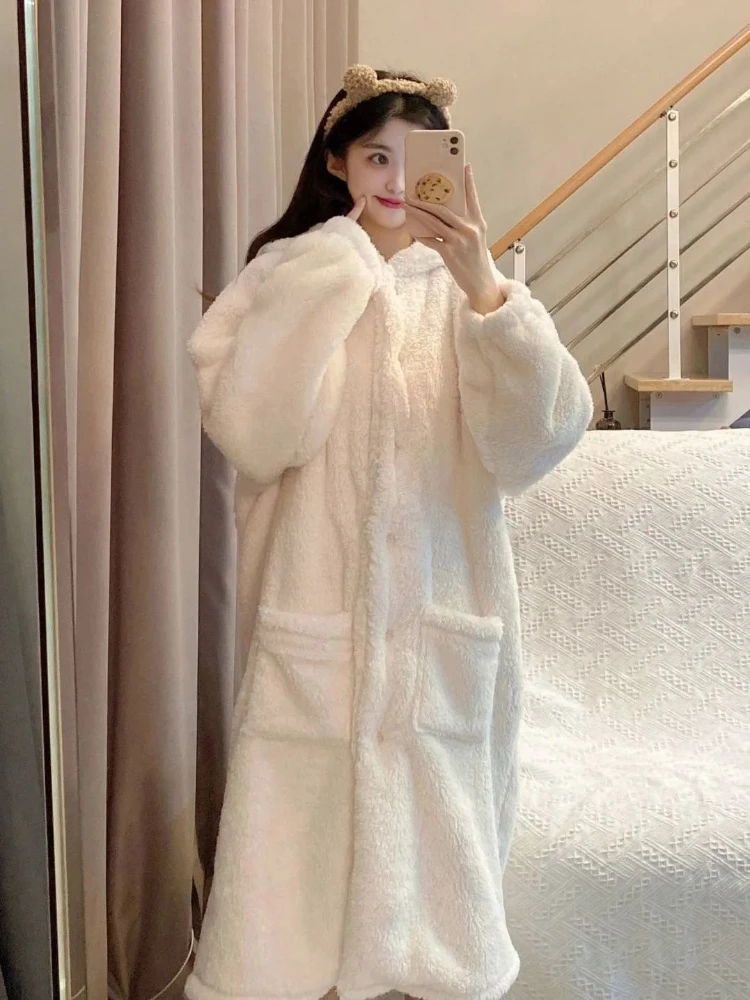 Hooded Robes Women Baggy Sweet Furry Kawaii Plus-velvet Designed Girlish Home Lounge Students Dormitory Sleepwear Pockets Trendy