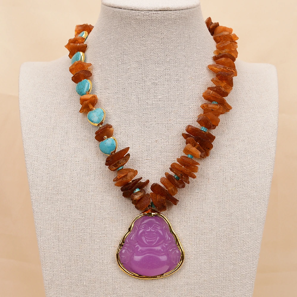 

APDGG NO160 Handmade Natural Yellow Amber Bule Turquoise Purple Jade Pendant Gems Single Strands Necklace