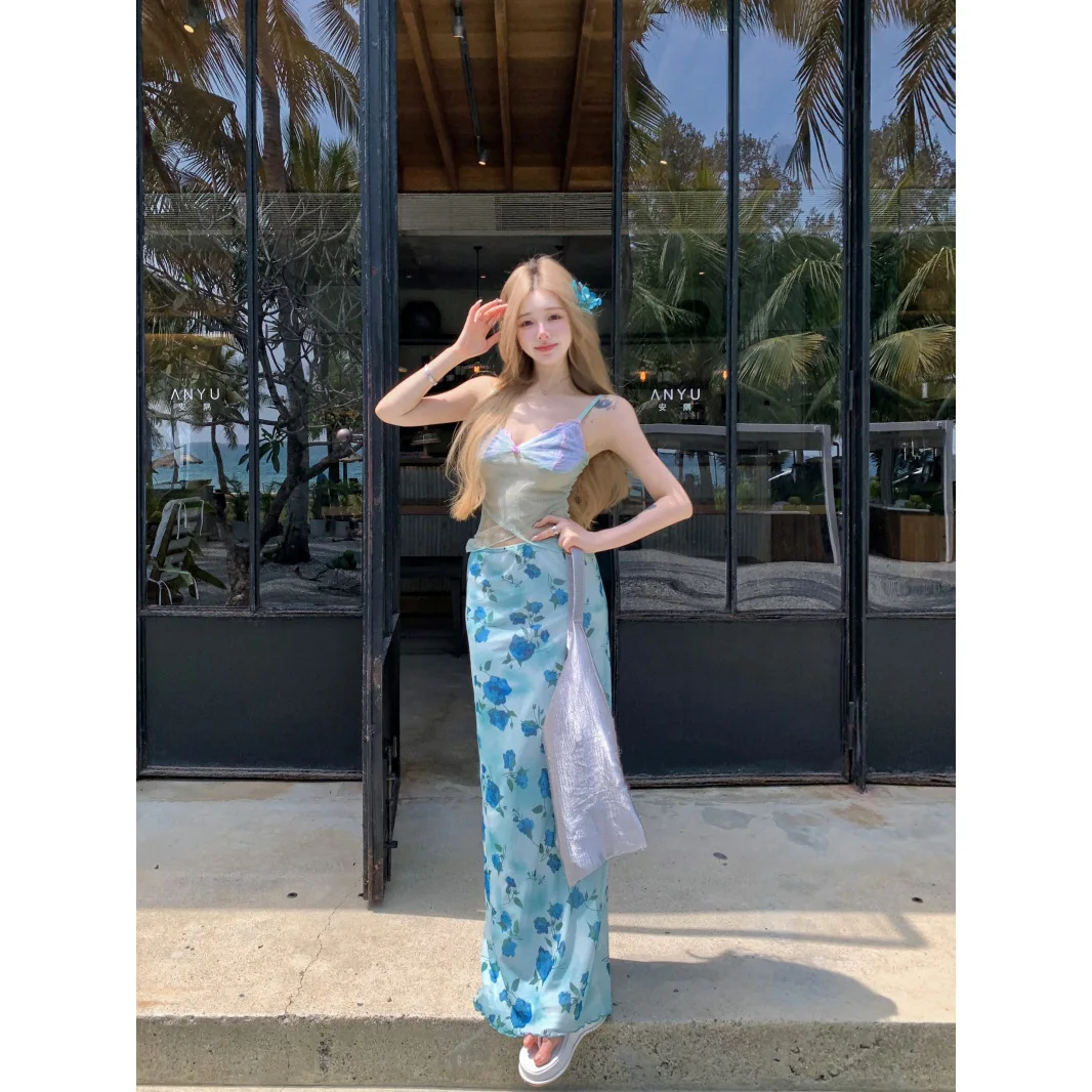 2026 Summer New Women Floral High Waist Long Skirt, Mesh Splicing Design, Elegant Vacation Style Slim Fitted Midi Skirt For