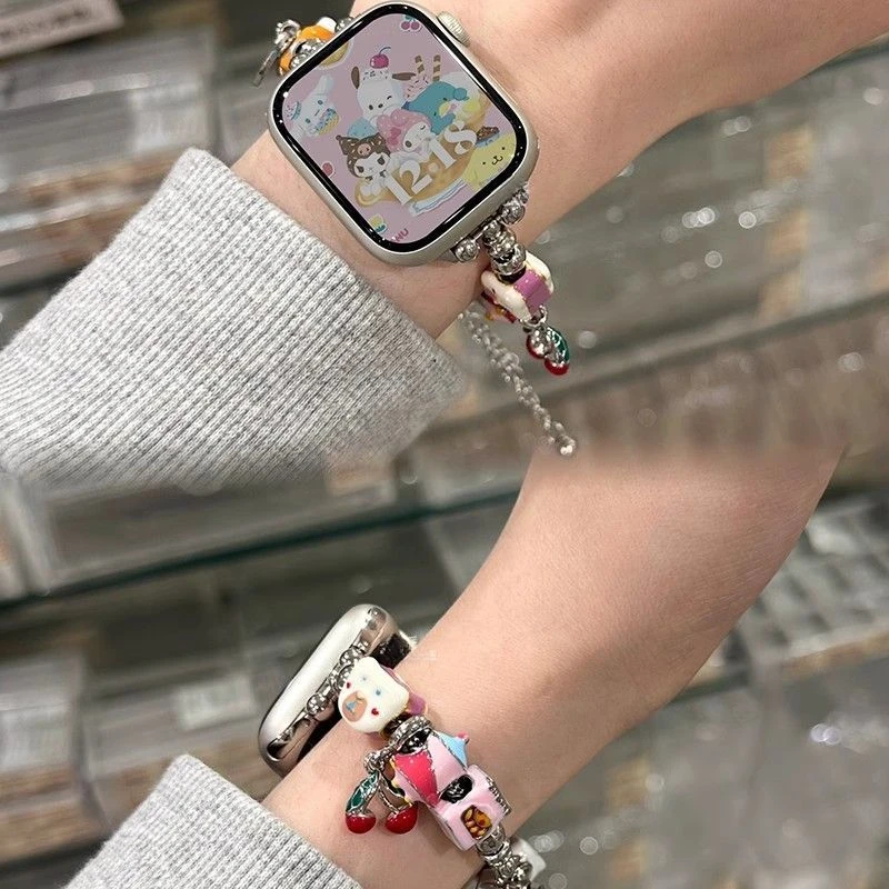 Cute Cinnamoroll ABS Metal Beaded Bracelet Strap for iwatch 987654321se Band for 38mm 40mm 44mm 45mm 49mm 41mm 42mm Kawaii Gifts