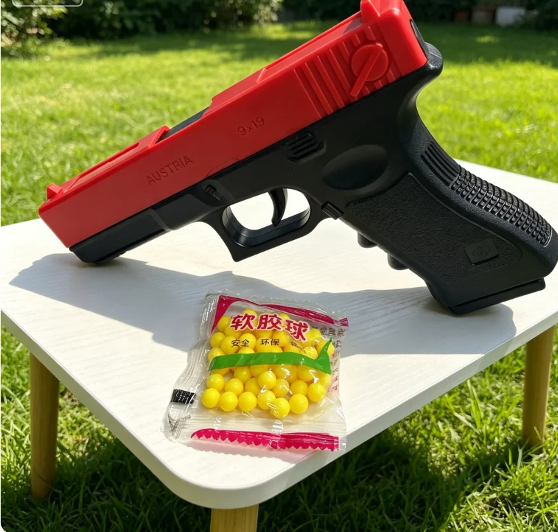 Kindergeburtstagsgeschenk Plastik-Spielzeugpistole G17-Stil mit großer Reichweite, schießt Plastikkugeln, leistungsstark, für Jungen