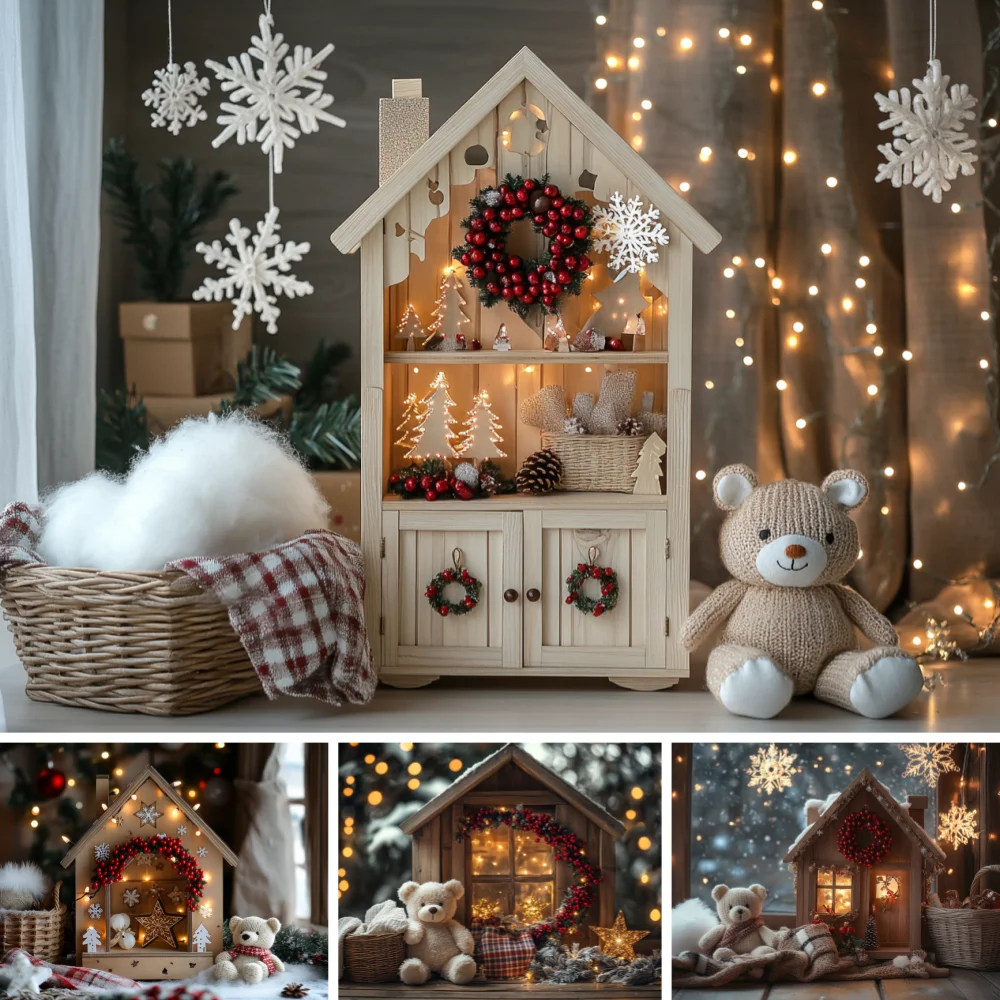 Winter Doll House Photography Background Plaid Blanket Basket Pine Snowflake Backdrop for Kids Xmas Photo Booth Shooting Prop