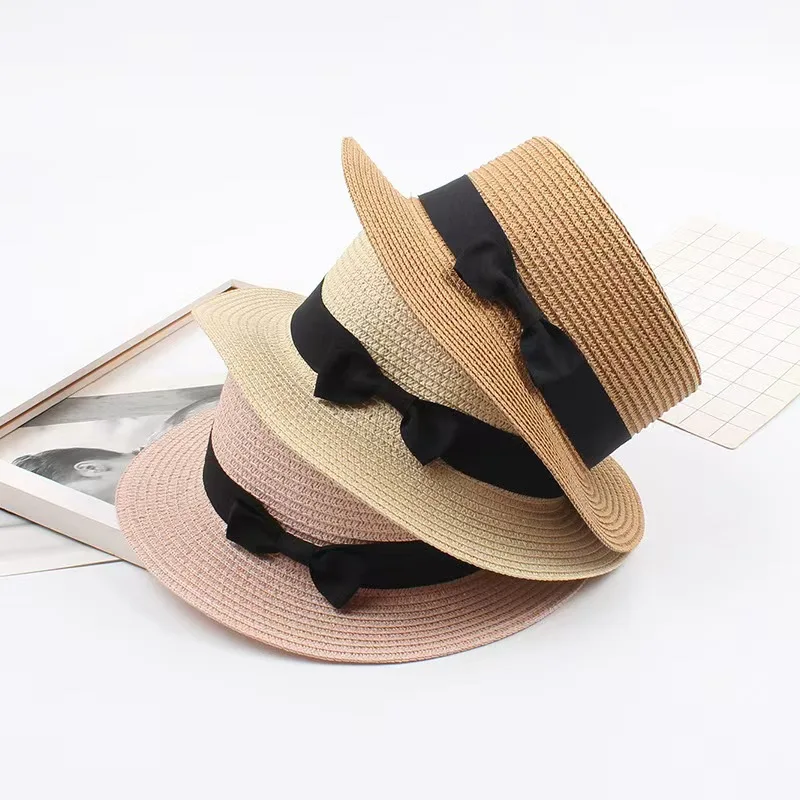 New Panama Simple Summer Beach Hat Female Casual Lady Women Flat Brim Bowknot Straw Cap Girls Sun Hat Chapeu Feminino