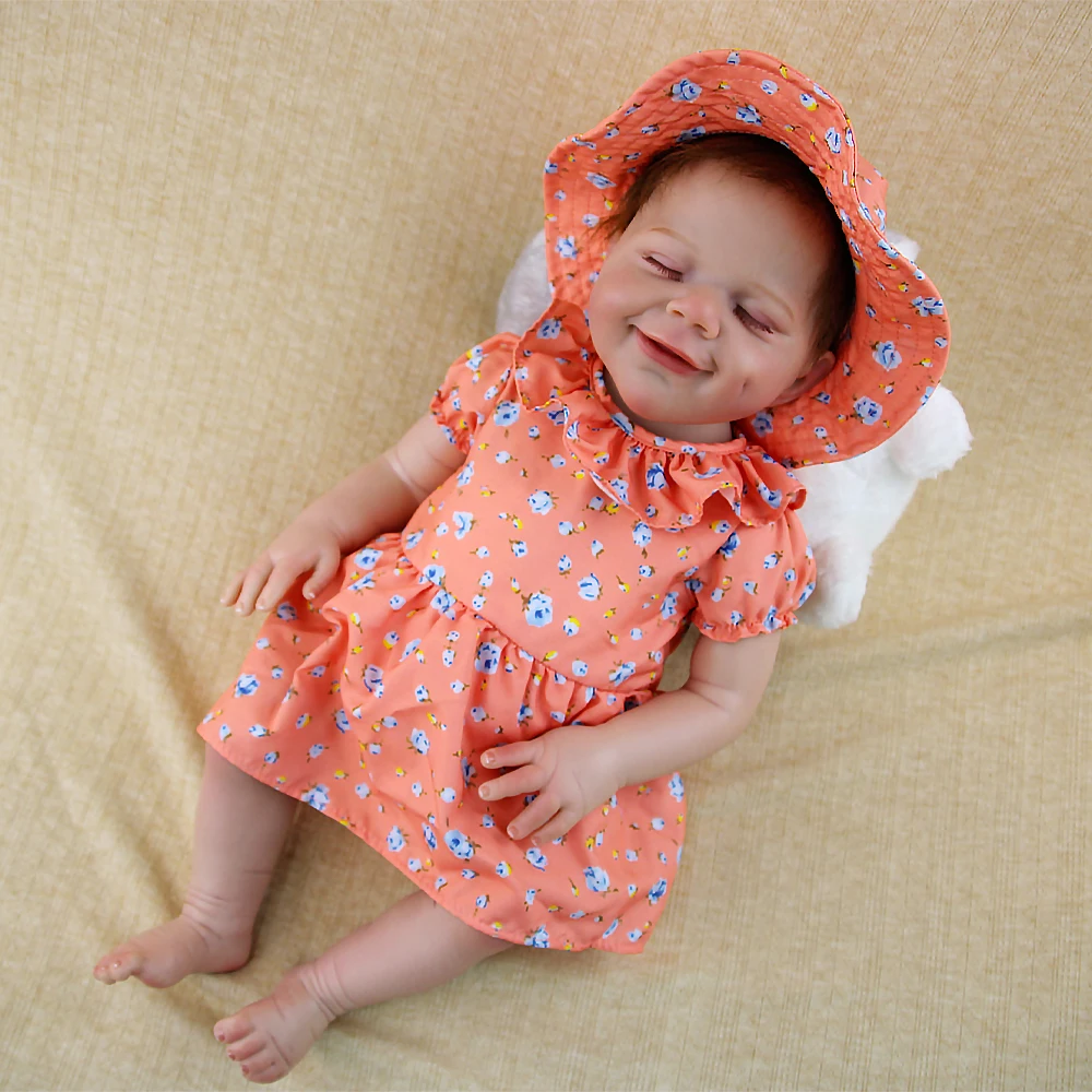 18-calowa winylowa lalka Reborn, edycja kolekcjonerska, uroczy pomarańczowy strój na co dzień, słodkie uśmiechnięte twarzyczko śpiące, ruchome stawy.