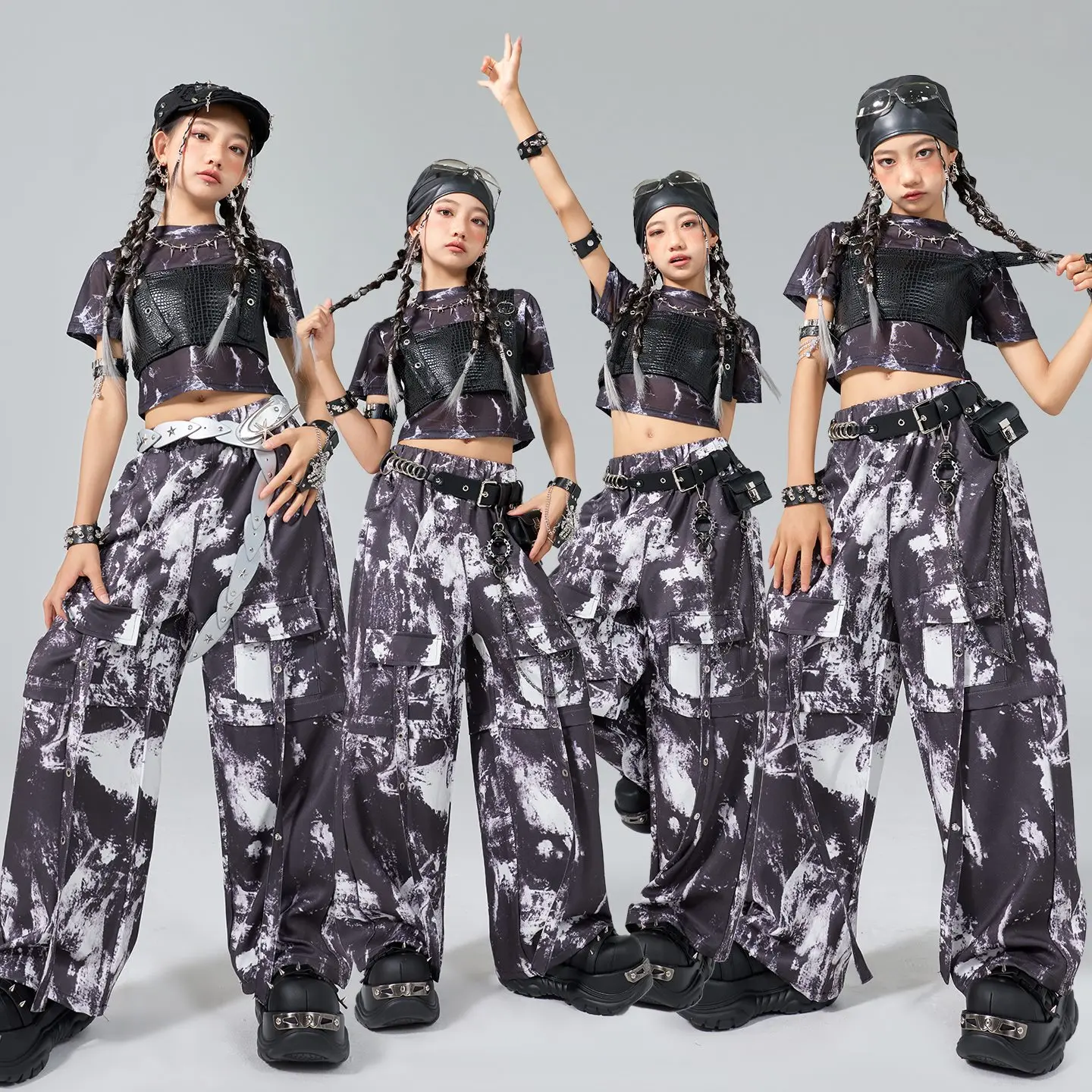 Vêtements de spectacle Hip Hop pour filles, tenues de danse Jazz, costume de Camouflage, manches courtes, haut nombril, pantalons, vêtements de groupe de Concert BL16735