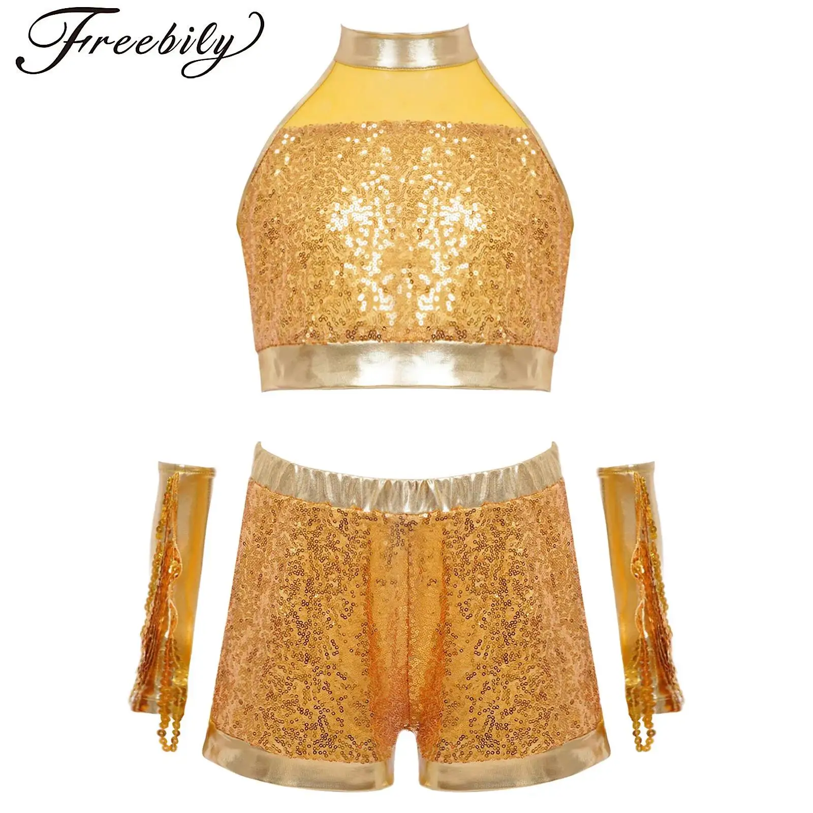 

Girls Jazz Dance Costume Sleeveless Glitter Sequin Metallic Crop Top with Shorts And Tassels Gloves Set Carnival Latin Dancewear