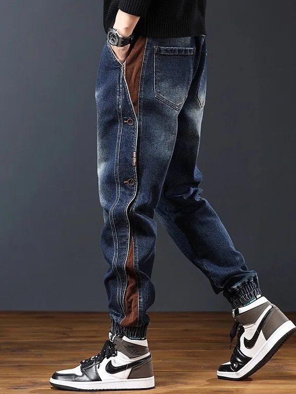 Calças de Trabalho Estilo Americano, Novas, Pesadas, com Recortes, Moda Casual Masculina de Outono, Jeans de Denim com Punhos...