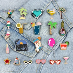 Enjoy Summer Holiday Brooch Cartoon Sea Beach Sunglasses Pins for Friends Drink Cup Ice Cream Tree Enamel Badge Bag Jewelry Gift