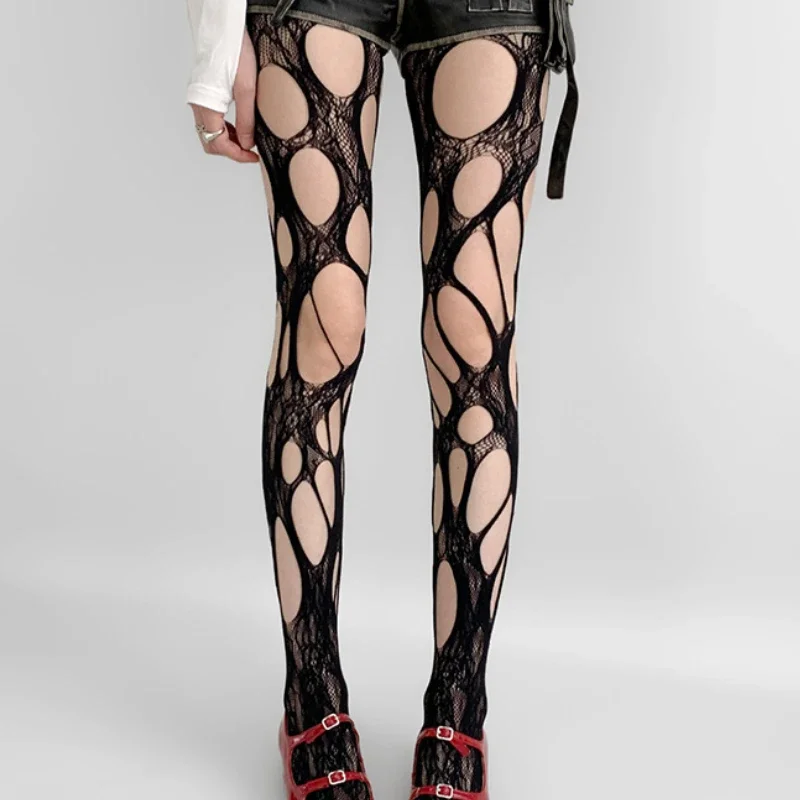 Gothic Women's Irregular Exposed Skin Tights Ripped Fishnet Thin Pantyhose Punk Y2K Hollowed-out Retro Lace Sexy Silk Stockings