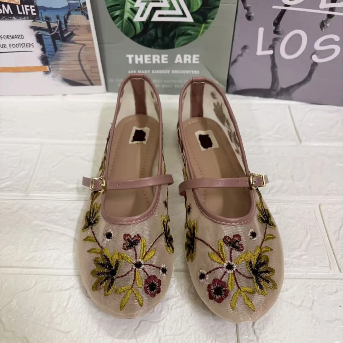 Chino tradicional malha bordado flor ballet apartamentos feminino luz respirável mary jane sapatos confortáveis sapato casual