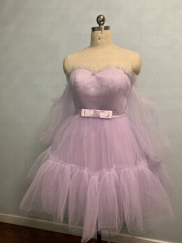 Mini Lilac Graduation Dresses Off Shoulder Sweetheart Short Sleeve Ball Gown with Bow Pleat Homeclomg Gown Party Formal Wear