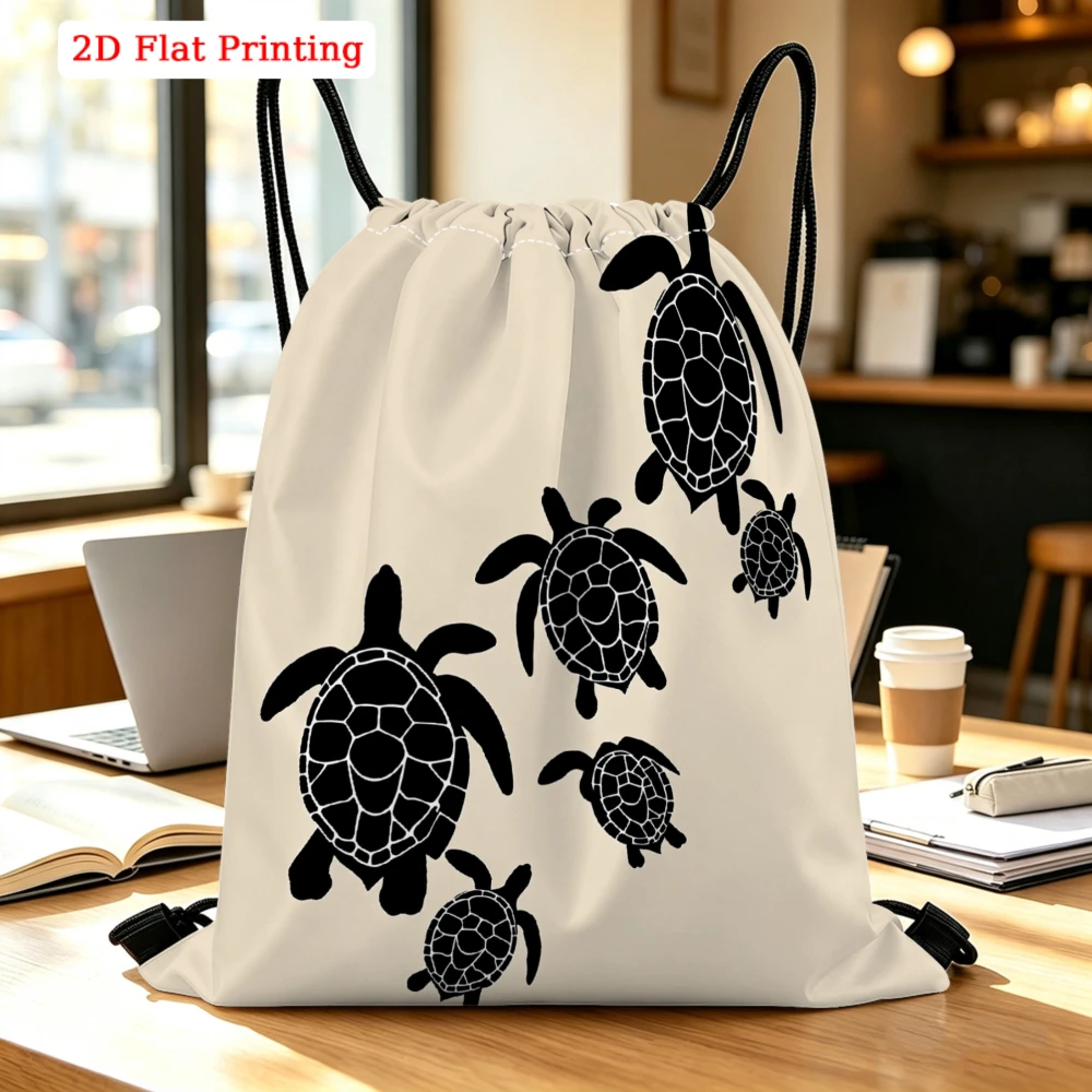 Black Turtle Silhouette Print Drawstring Bag Travel Shoe Sports Fitness Outdoor Backpack