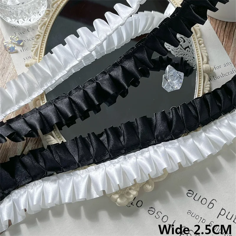 2.5CM Wide White Black Satin Ribbon 3d Pleated Lace Fabric Ribbon Lolita Dress Ruffle Trim DIY Handmade Clothing Sewing Decor