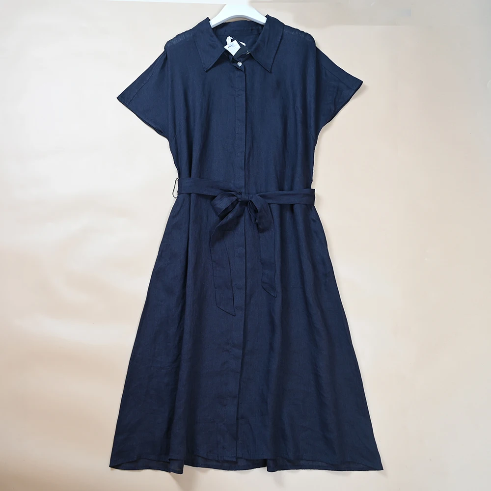 Slim Fit dames lin brodé ceinturé Dr nouveau Sle trajet Sle ort Sve col décontracté simple bouton fermeture