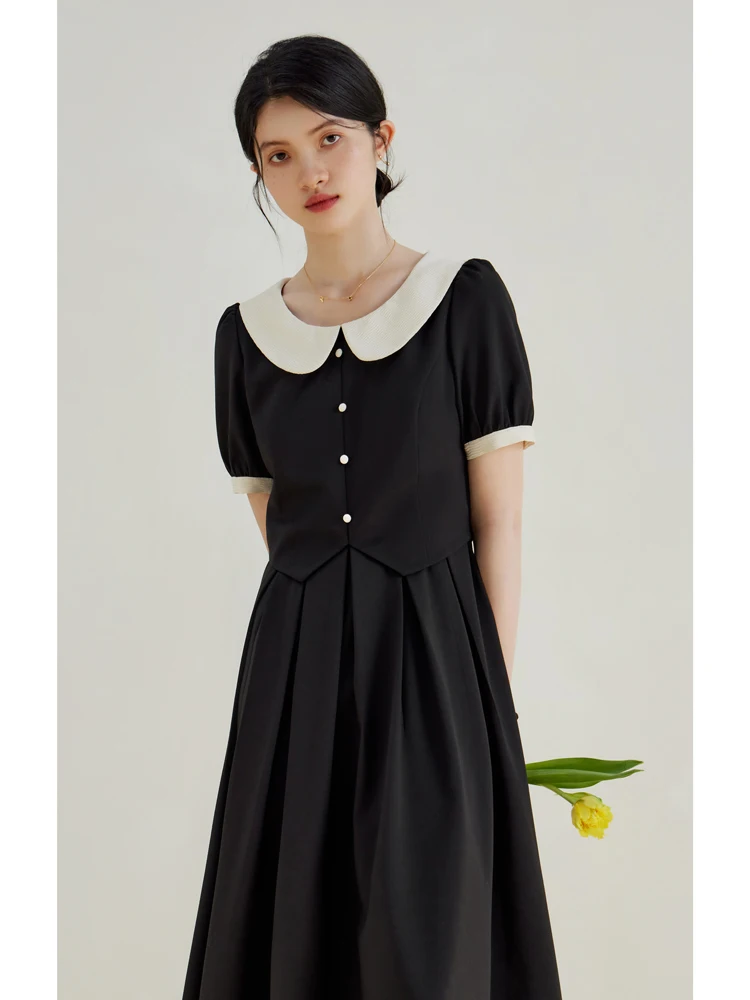 ZIQIAO Peter Pan Collar Office Lady Women Long Dress Fake Two Piece Twill Temperament A-LINE Skirts Puff Sleeve Women Dress