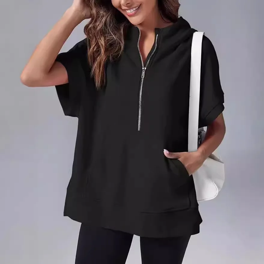 The New Spring/Summer 2025 Collection Features An Elegant Solid-color Personalized and Casual Short-sleeved Hooded Sweatshirt