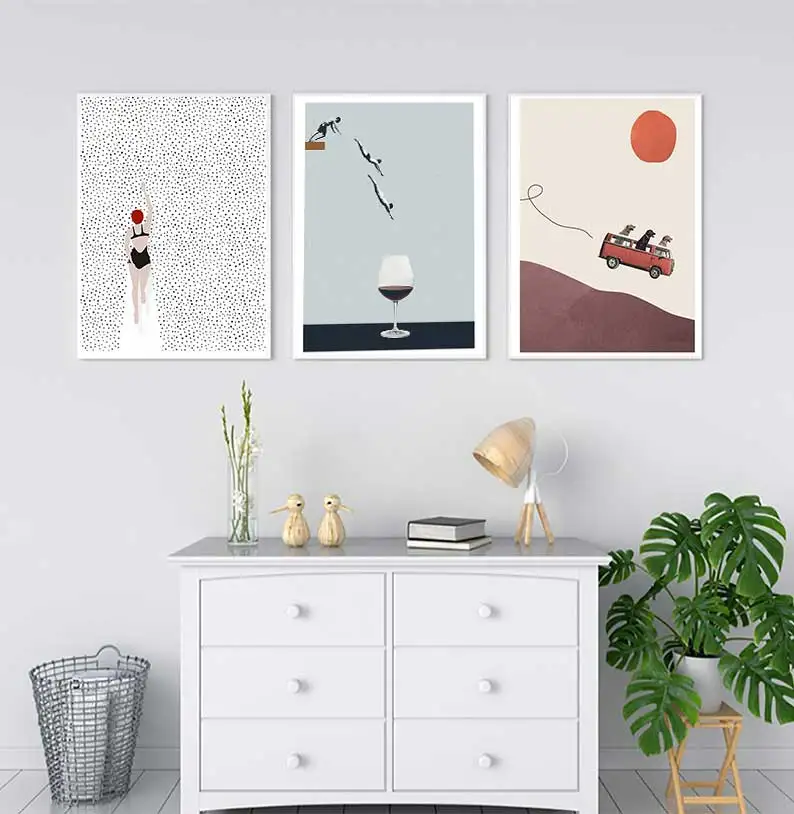 Dawn Poster Red Wine Coffee Canvas Swimming Wall Point Minimalist Art Kitchen Home Decoration