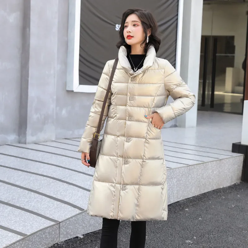 2024 Winter Slim Fashion Women's Mid-length Down Padded Jacket Parker Thick Warmth Stand-up Collar Shiny Cotton jacket