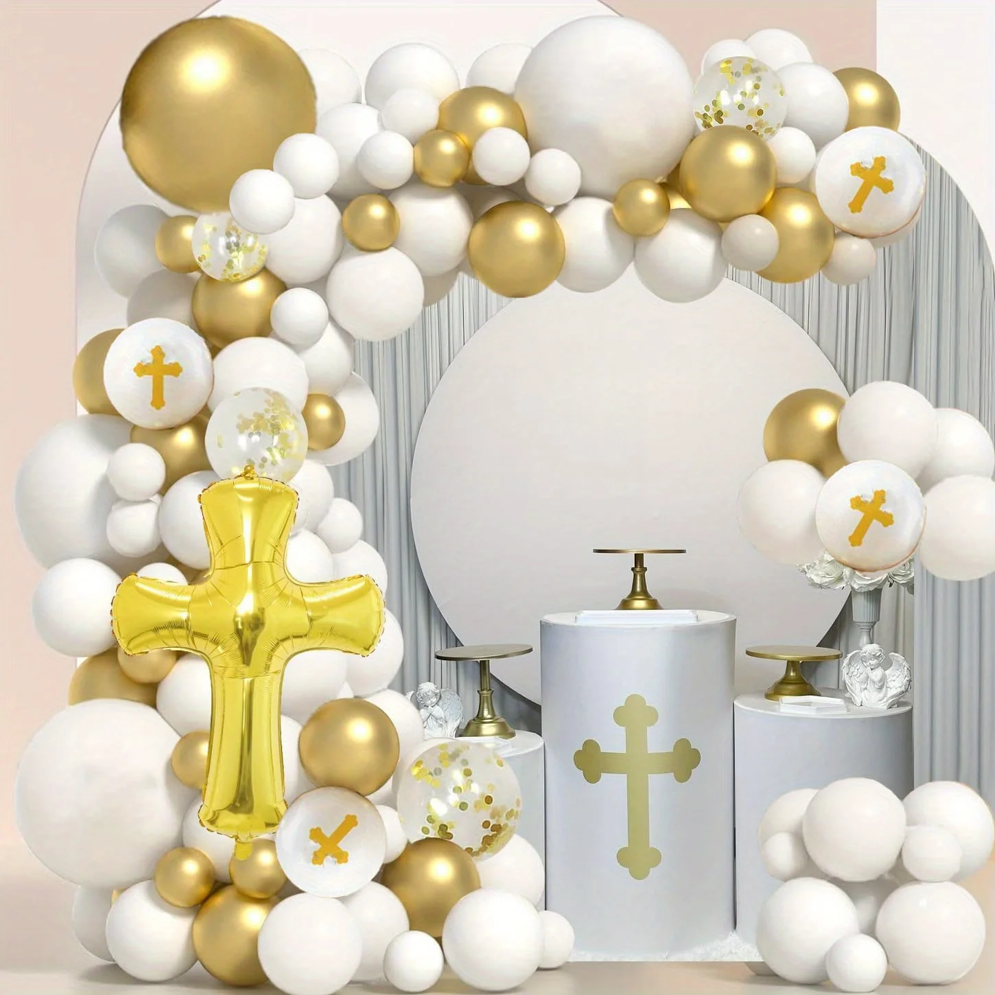 100pcs White Gold First Communion Balloon Garland Arch Kit for First Communion Decoration,God Bless Christening Party Decoration