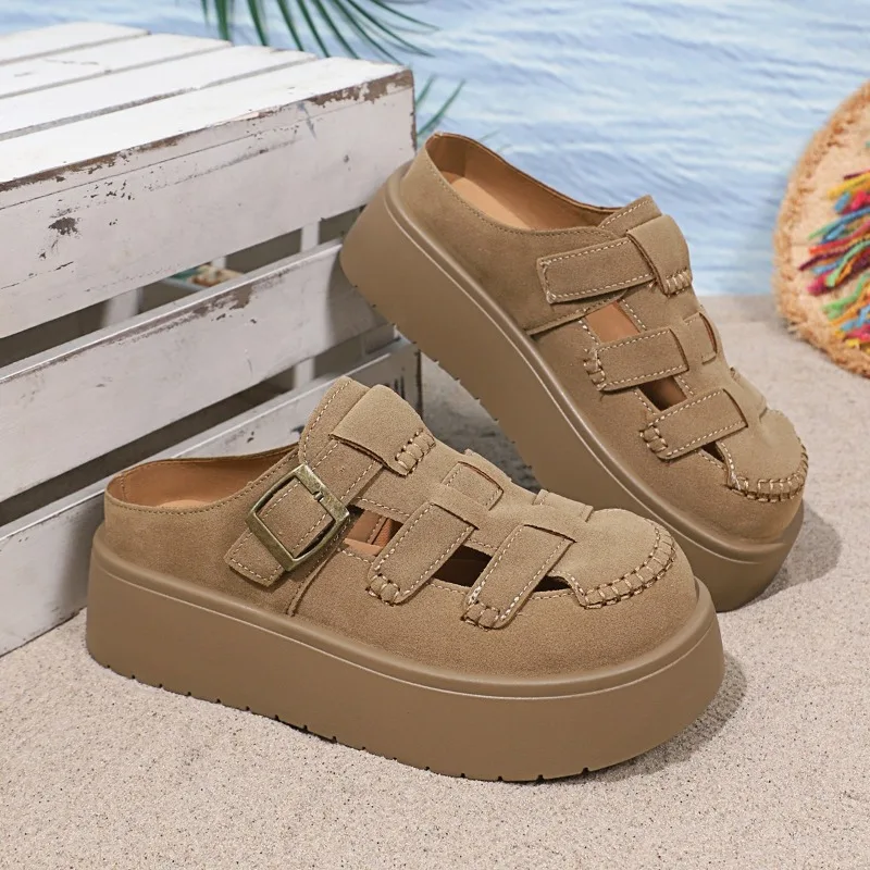

Hollow-out Breathable Wrapped-head Slippers Summer New Round-toe Deep-mouth Platform Non-slip Flat Sandals