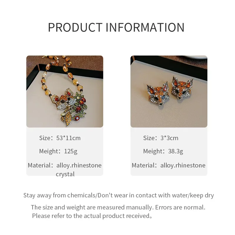 Vintage Baroque Style Long Fox Shape Necklace For Women Brown Crystal Earrings Party Banquet Jewelry Sets