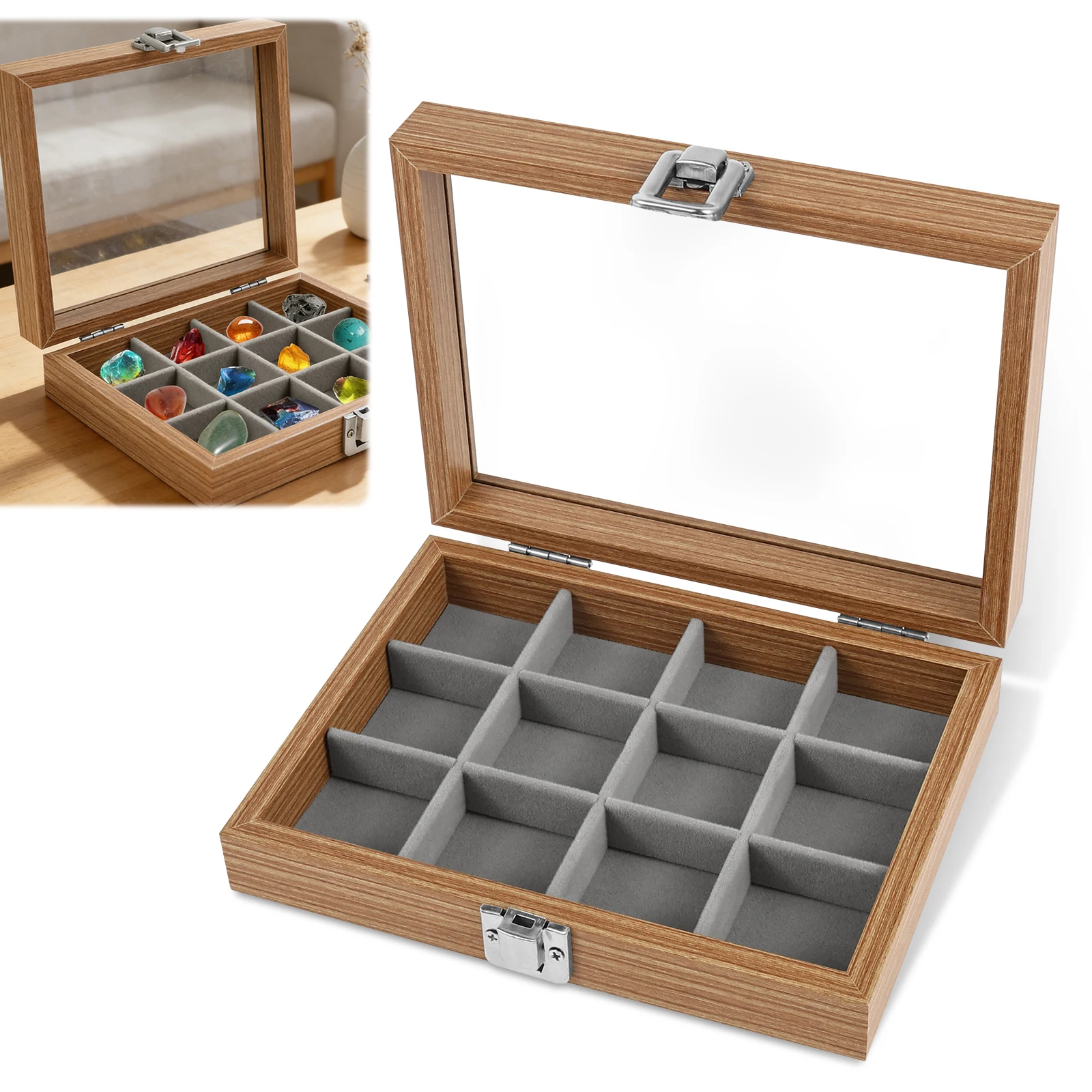 12 Grid Wooden Transparent Square Box Rock Collection Storage Case Natural Stone Fossil Gemstone Crystal Jewelry Display