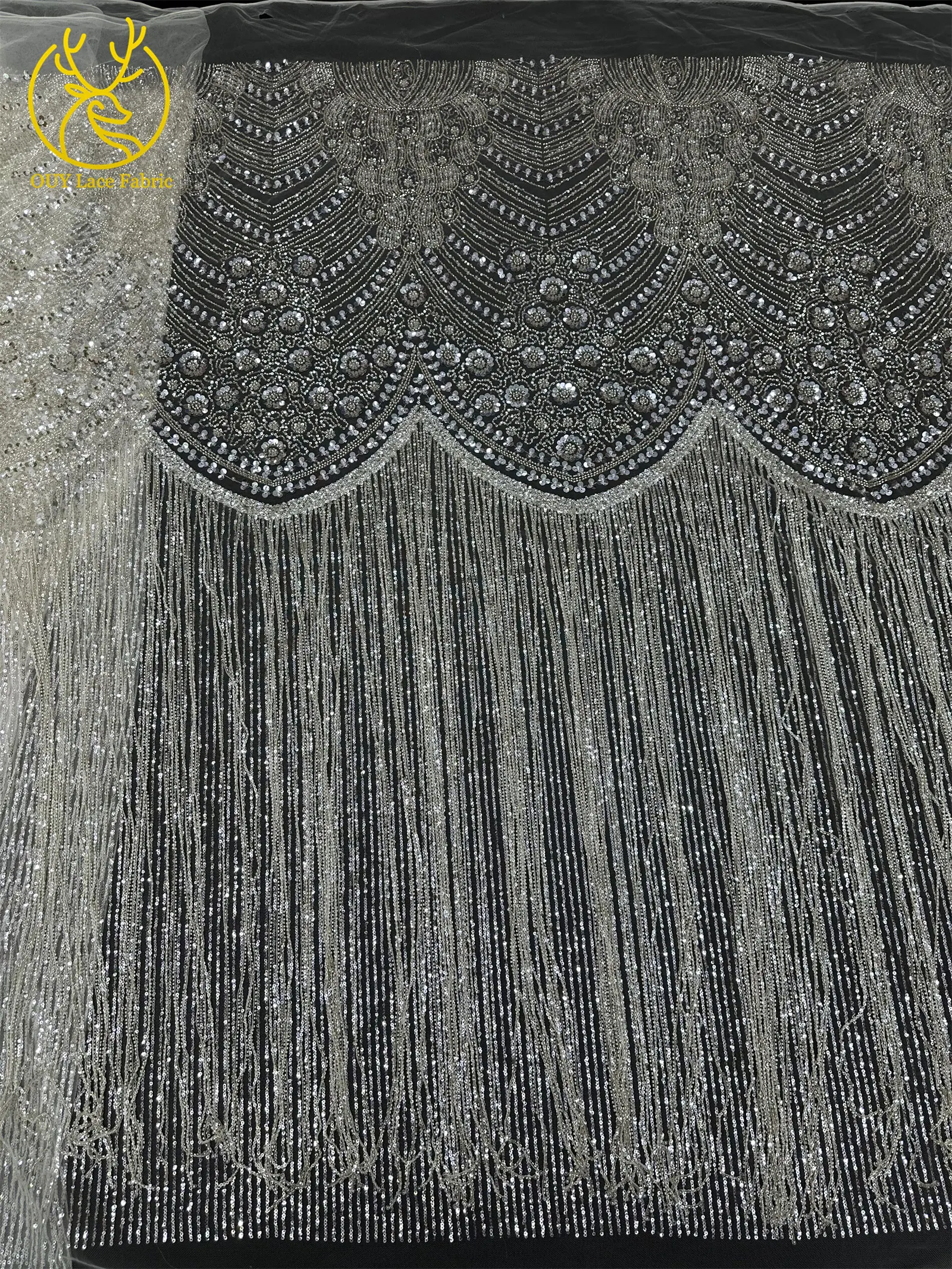 Goldener Afrikanischer Nigerianischer 3D-Perlen-Spitzenstoff 5 Yards Französischer Pailletten-Tüll Stickerei-Kleiderstoff für Damen Party Hochzeit Kleid Nähen – Detail 14