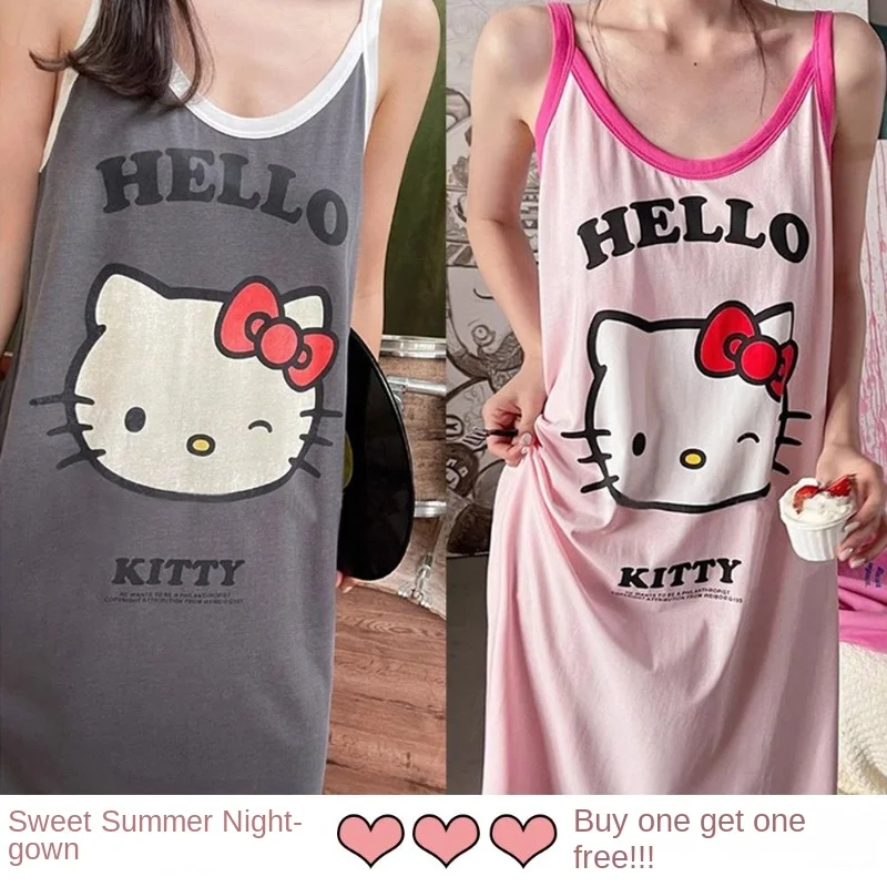 Buy 1 Get 1 Free Hellokitty Kawaii Slip Dress for Women Summer Sales Nightdress Home Dress Outside Casual Loose Large Soft Dress