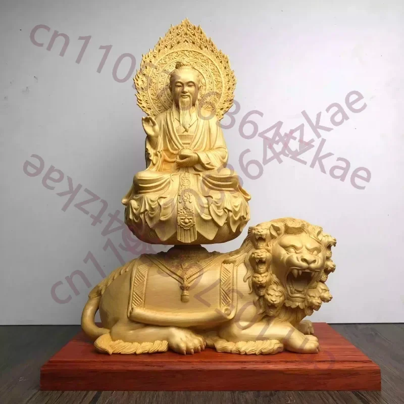 Chinese Cypress Wood Taishang Laojun Statue, Daoist Deity Riding Nine-Headed Lion, Hand-Carved Home Temple Decor