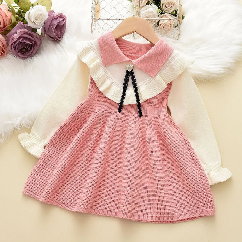 

Autumn and Winter Children's Sweater for Girls, Faux Two-Piece Color Block Skirt Style Top, Cute Doll Skirt with Bow Sweater