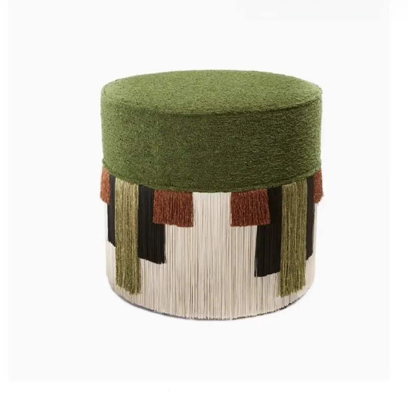 Designer Vintage Tassel Accent Stool Mid-Century Velvet Vanity Bench Luxury Round Ottoman for Entryway Boudoir Makeup Seats