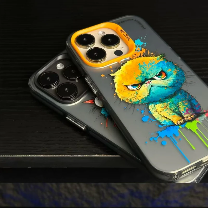 Oil Painting Fat Cat Puppy Phone Case for iPhone 14 15 Pro Max 11 12 13 X XR XSMax 7/8 Plus Laser Plated Shockproof Bumper Cover