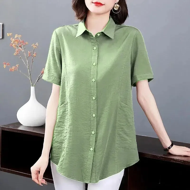 

Women's Cotton Loose Fit Short Sleeve Shirt Casual Button Down Blouse In Green