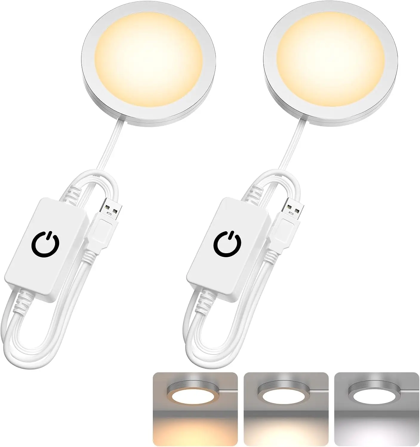 

2 Pack Puck Lights 5V Single USB Powered,3 Color Temperature Adjustable & Dimmable Under Cabinet Light,with Memory Function