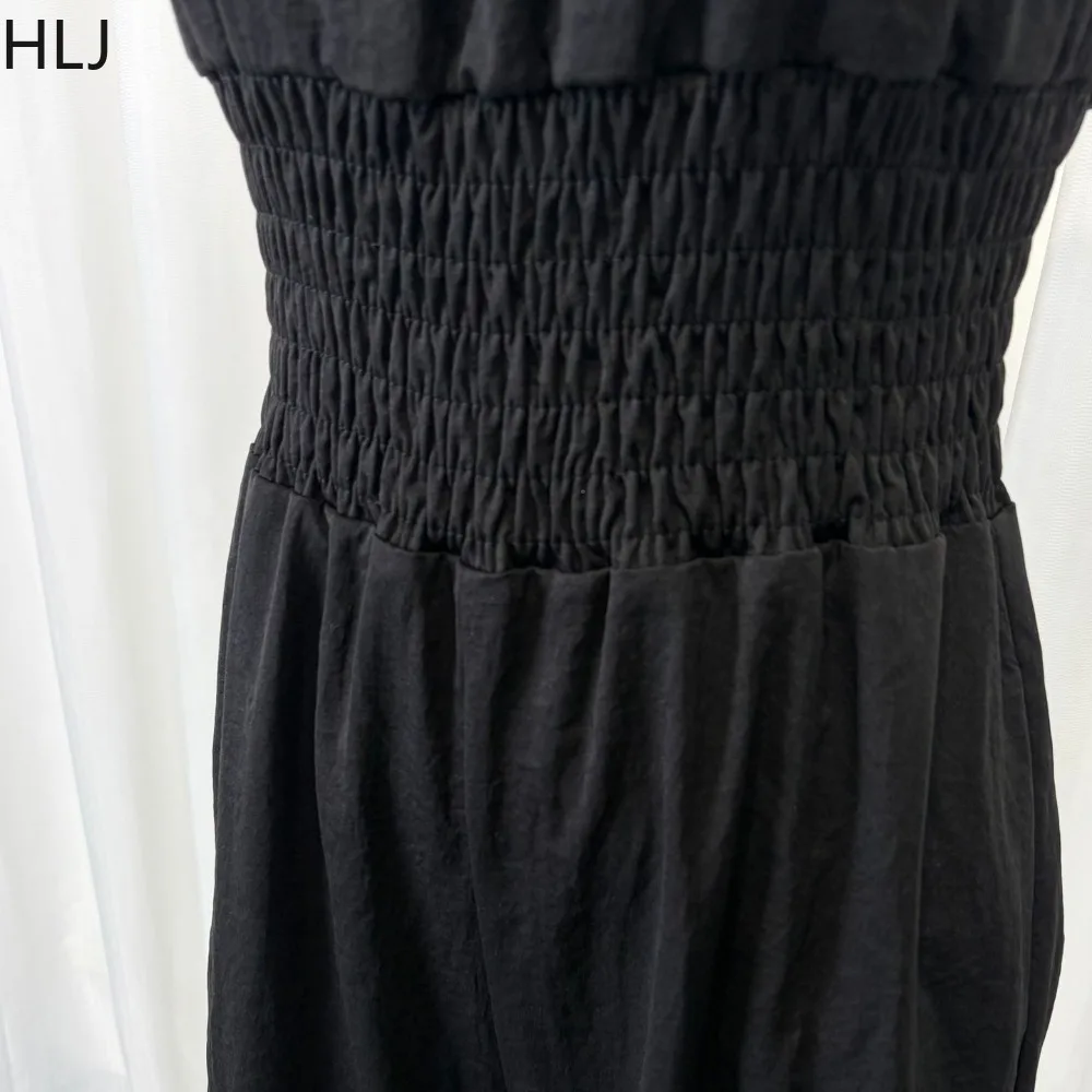 HLJ 2026 Women White Halter Jumpsuit Sleeveless Wide Leg Pants Pockets Casual Summer Holiday One Piece Romper Boho Beachwear New